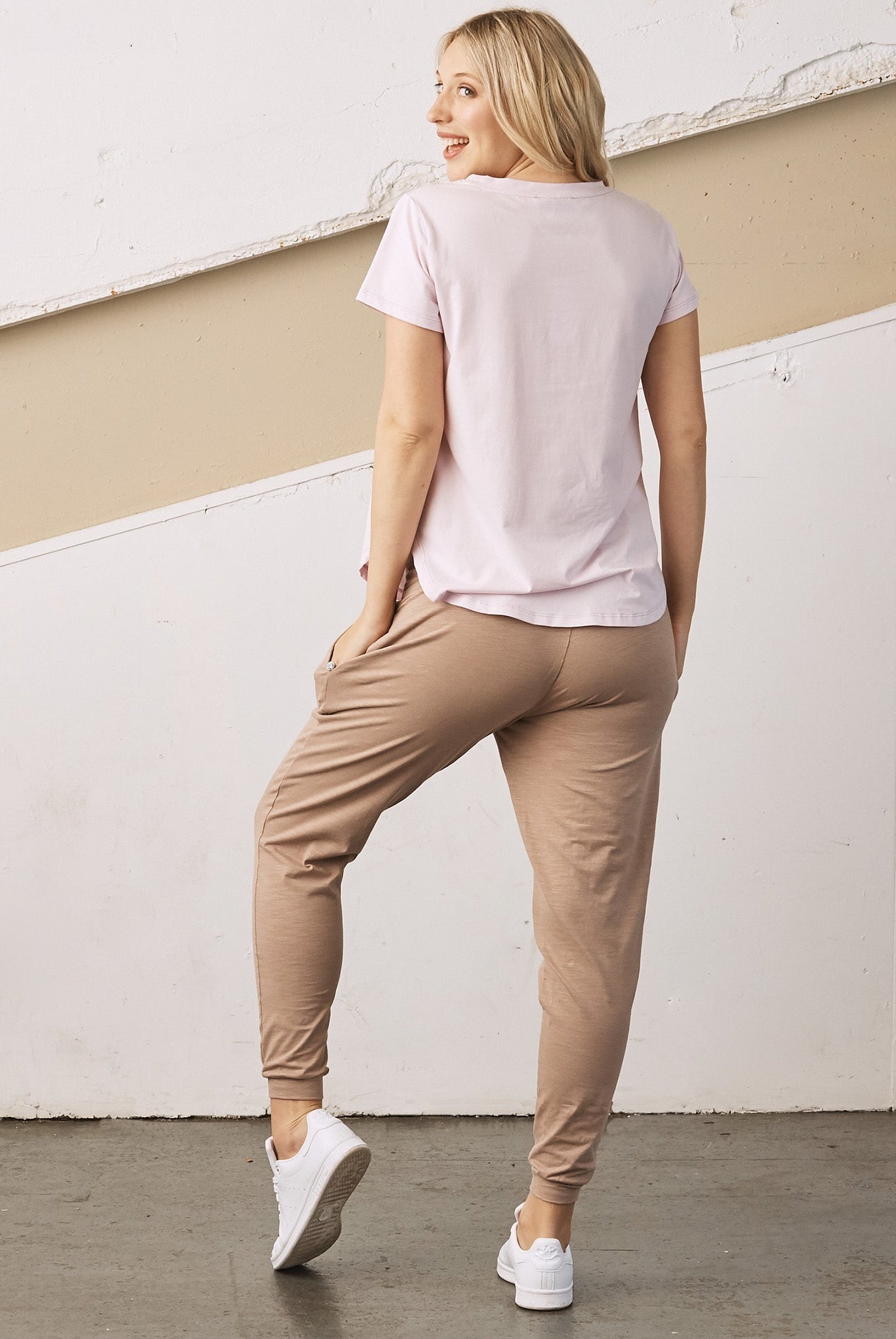 Full back view - A Pregnant Woman in Coffee Colour Cotton Maternity Jogger Pants (6709405909095)