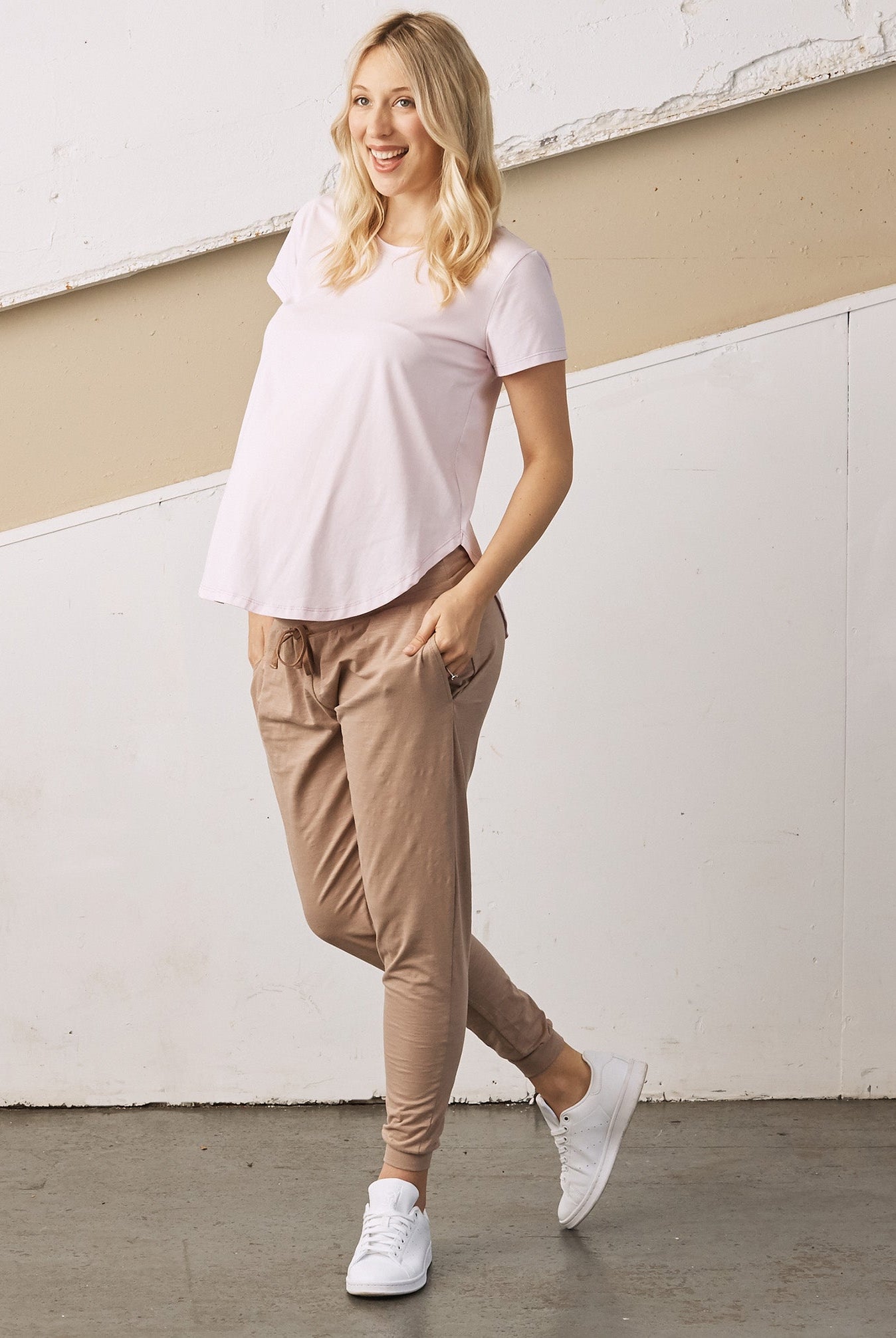 Full view - A Pregnant Woman in Basic Short Sleeve Pink Maternity Cotton T-shirt (6709404893287)