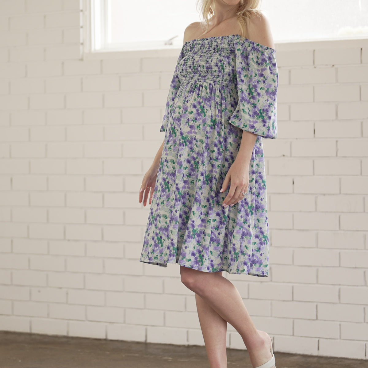 Angel Maternity Avery Baby Shower Maternity Dress- Purple Floral Print Angel Maternity Avery Baby Shower Maternity Dress- Purple Floral Print