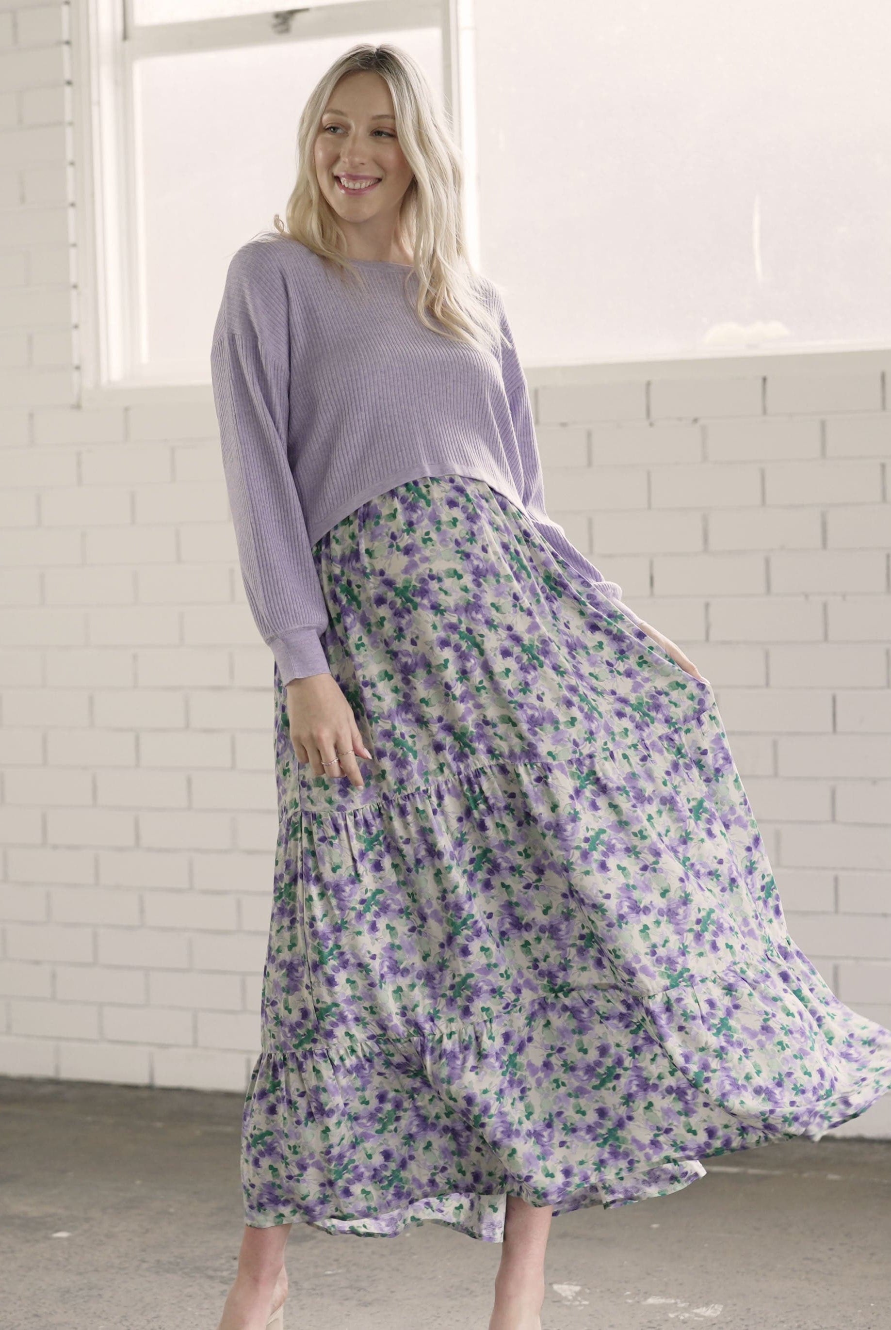 Full fron view - A Pregnant Woman in Purple Floral Maternity Maxi Dress (6726602621022)