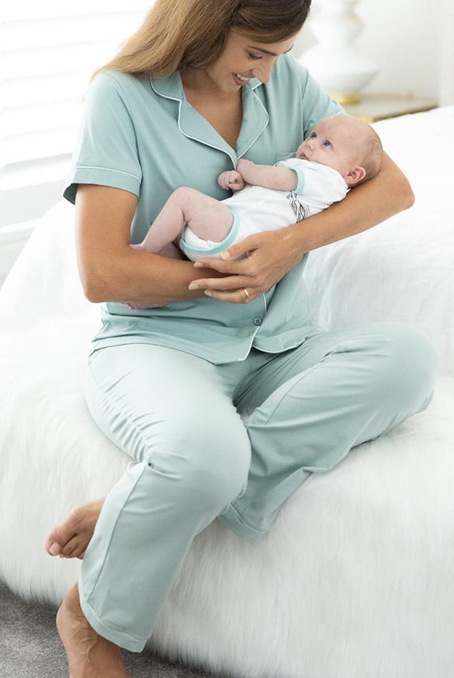 Main view - Maternity & Nursing Button Front Pajama Set in Sage with baby (6659036840030)