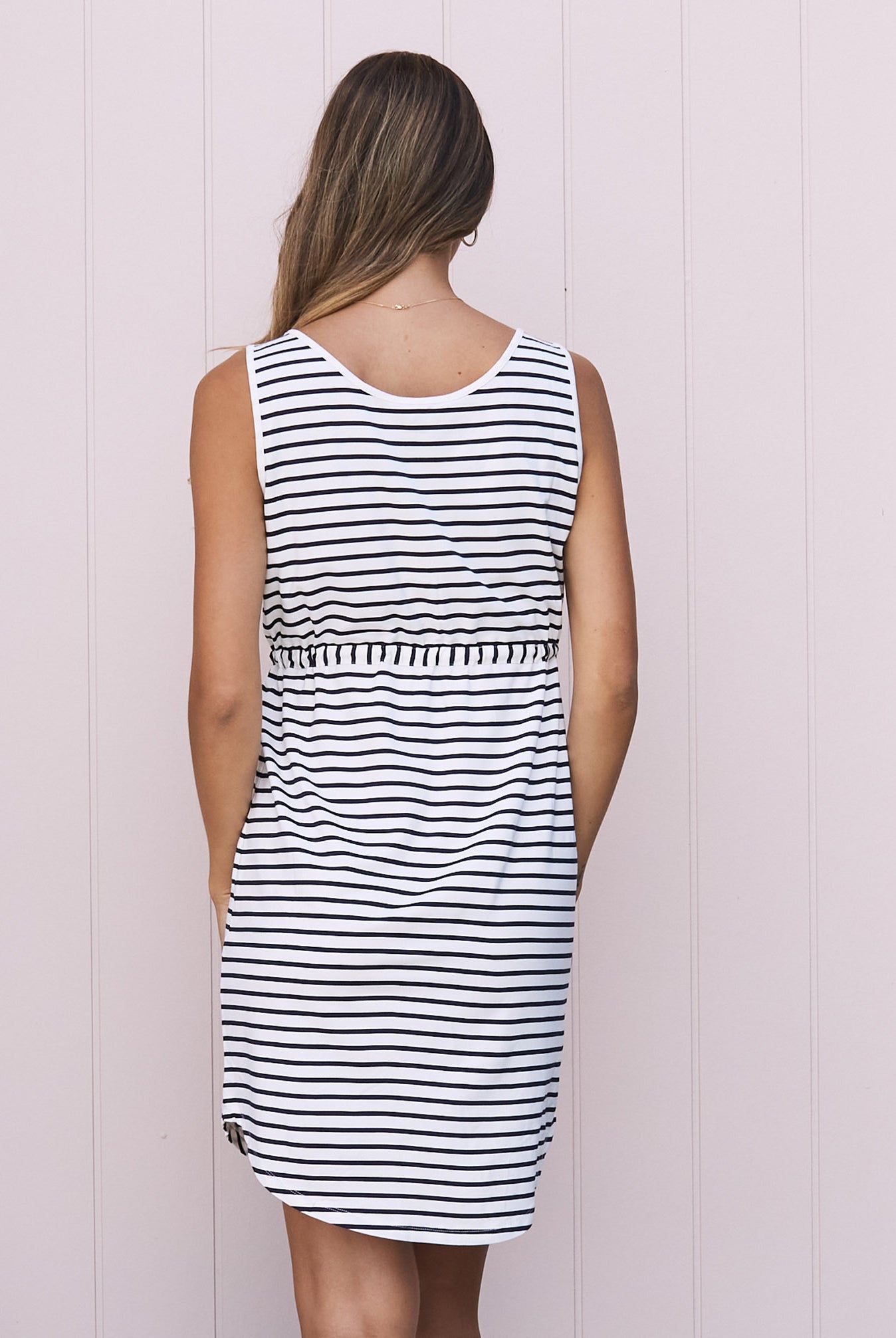 Maternity Button Front Drawstring Summer Dress - Stripes - Angel Maternity USA