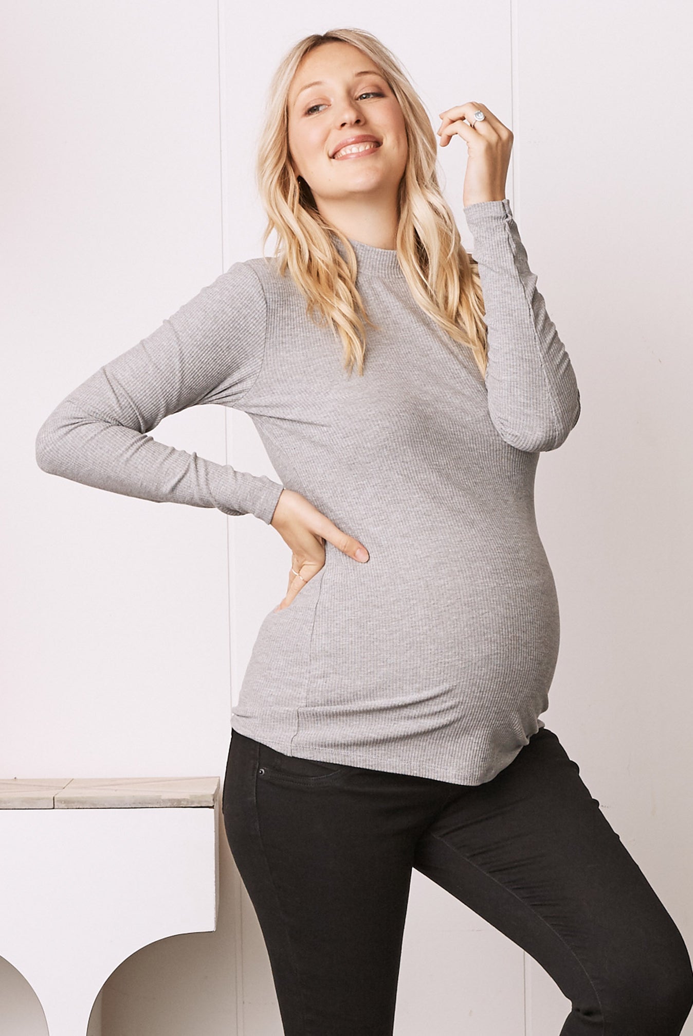 Winter Ribbed Turtle Neck Maternity Top in Marl Grey - Angel Maternity USA
