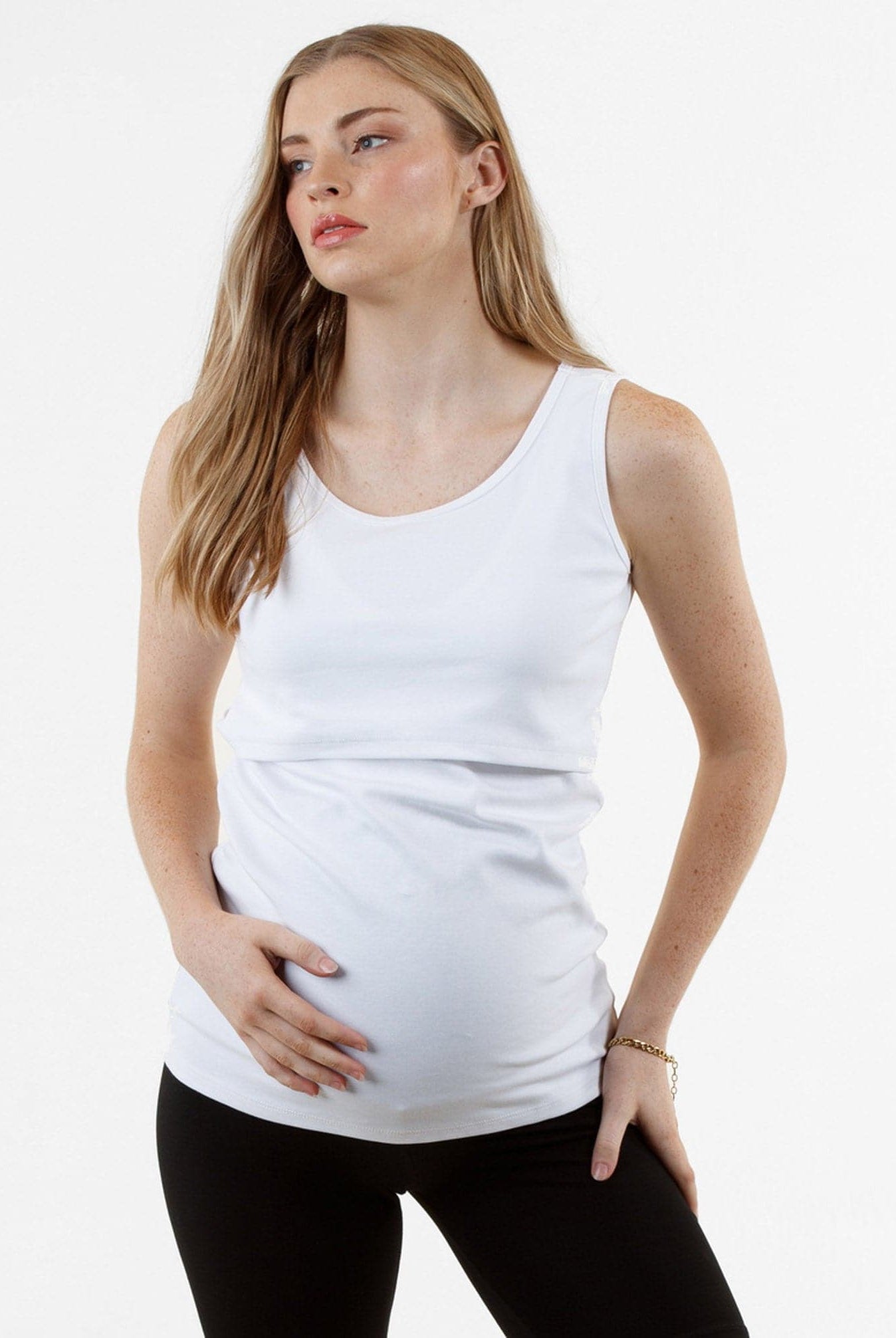 Front View - A Pregnannt Woman Wearing Maya Maternity & Nursing Cotton Tank in White from Angel Maternity.