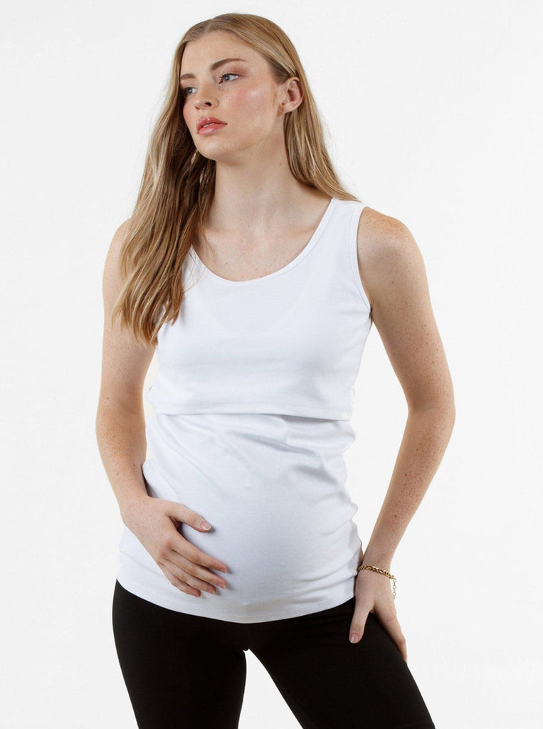 Front View - A Pregnannt Woman Wearing Maya Maternity & Nursing Cotton Tank in White from Angel Maternity.