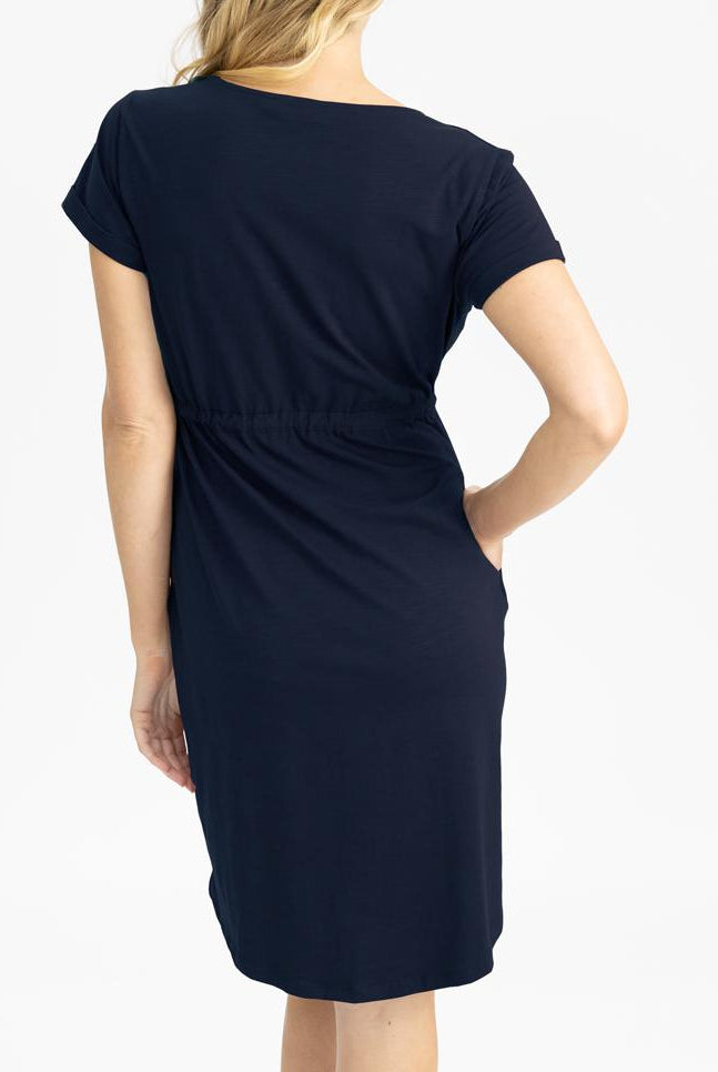 A woman in zipper drawstring navy maternity nursing dress, back (4801470070878)