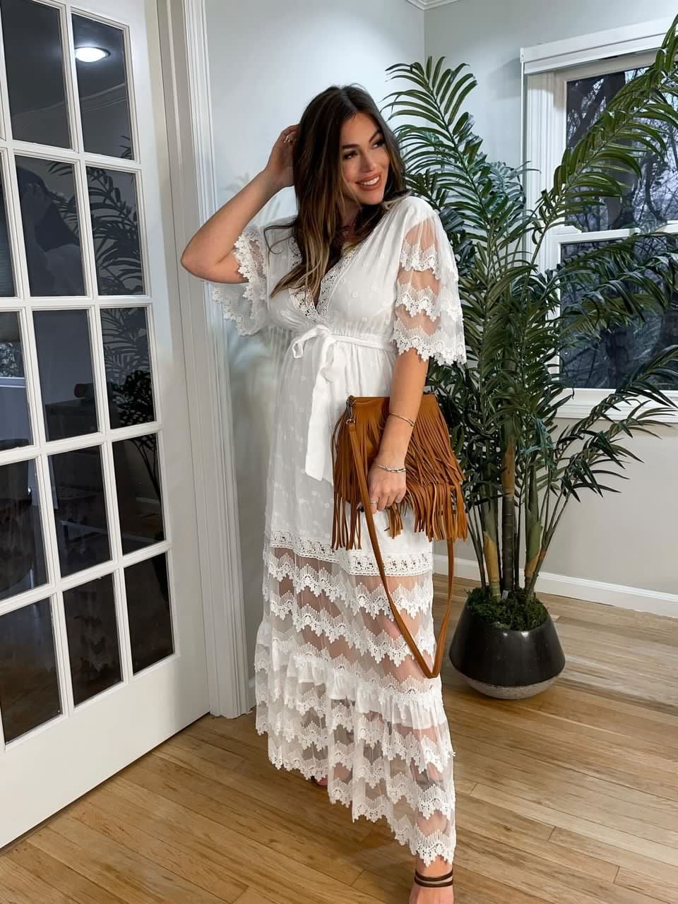 maternity lace white dress Isidora sheer short bell sleeves and back Angel Maternity Roxy Lace Baby