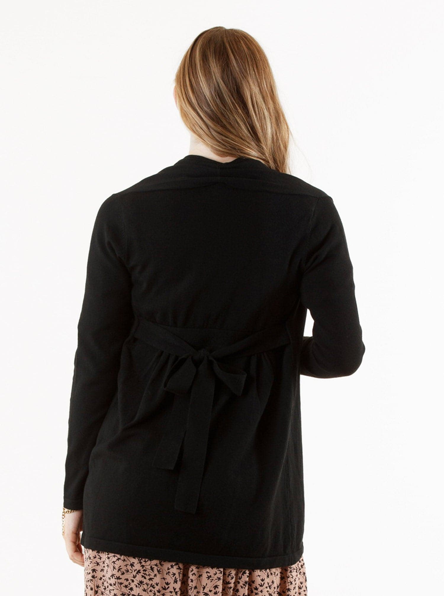 Maternity Roll Collar Knitted Waist Tie Cardigan - Black - Angel Maternity USA