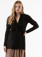 Maternity Roll Collar Knitted Waist Tie Cardigan - Black - Angel Maternity USA