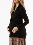 Maternity Roll Collar Knitted Waist Tie Cardigan - Black - Angel Maternity USA