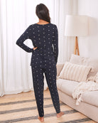 Back view- maternity and nursing pj outfit navy pink cross