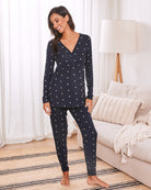 Front view- maternity and nursing pj outfit navy pink cross