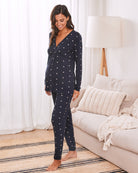 Side view- maternity and nursing pj outfit navy pink cross