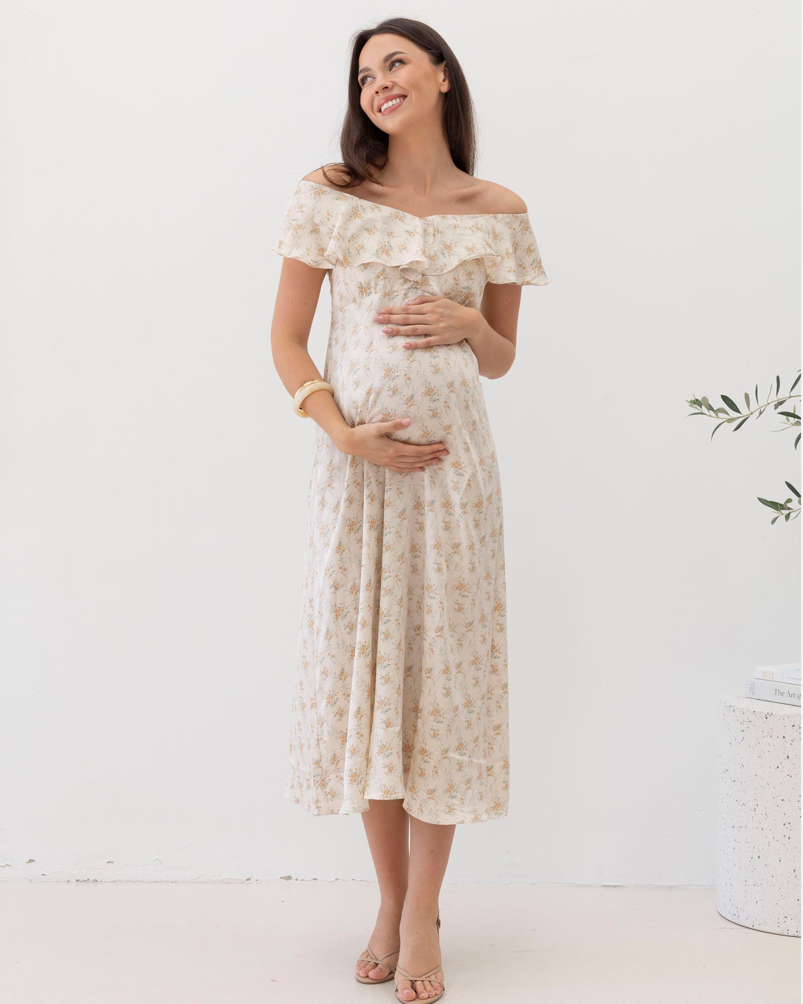 Angel Maternity Mika Maternity Ruffle Dress in Cream Floral Silky Angel Maternity Mika Maternity Ruffle Dress in Cream Floral Silky
