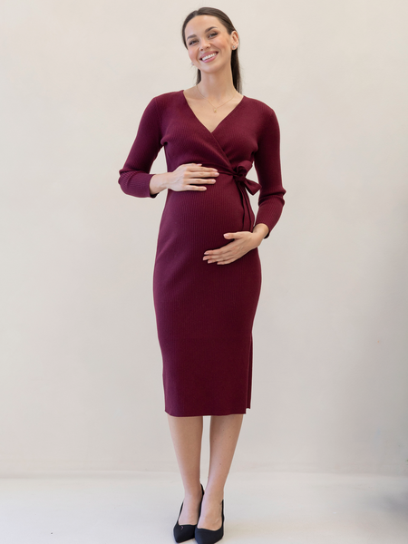 chinese dress ladies Angel Maternity Lucille Knit Maternity Midi Dress in Burgundy