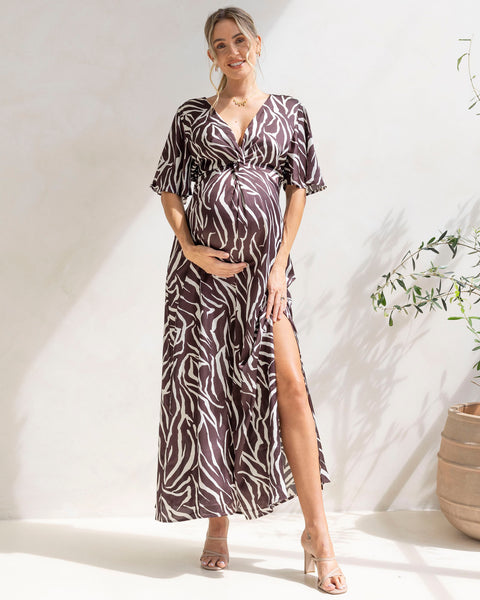 zebra print formal dress Angel Maternity Margaux Maternity Evening Maxi Dress in Chocolate Zebra Print