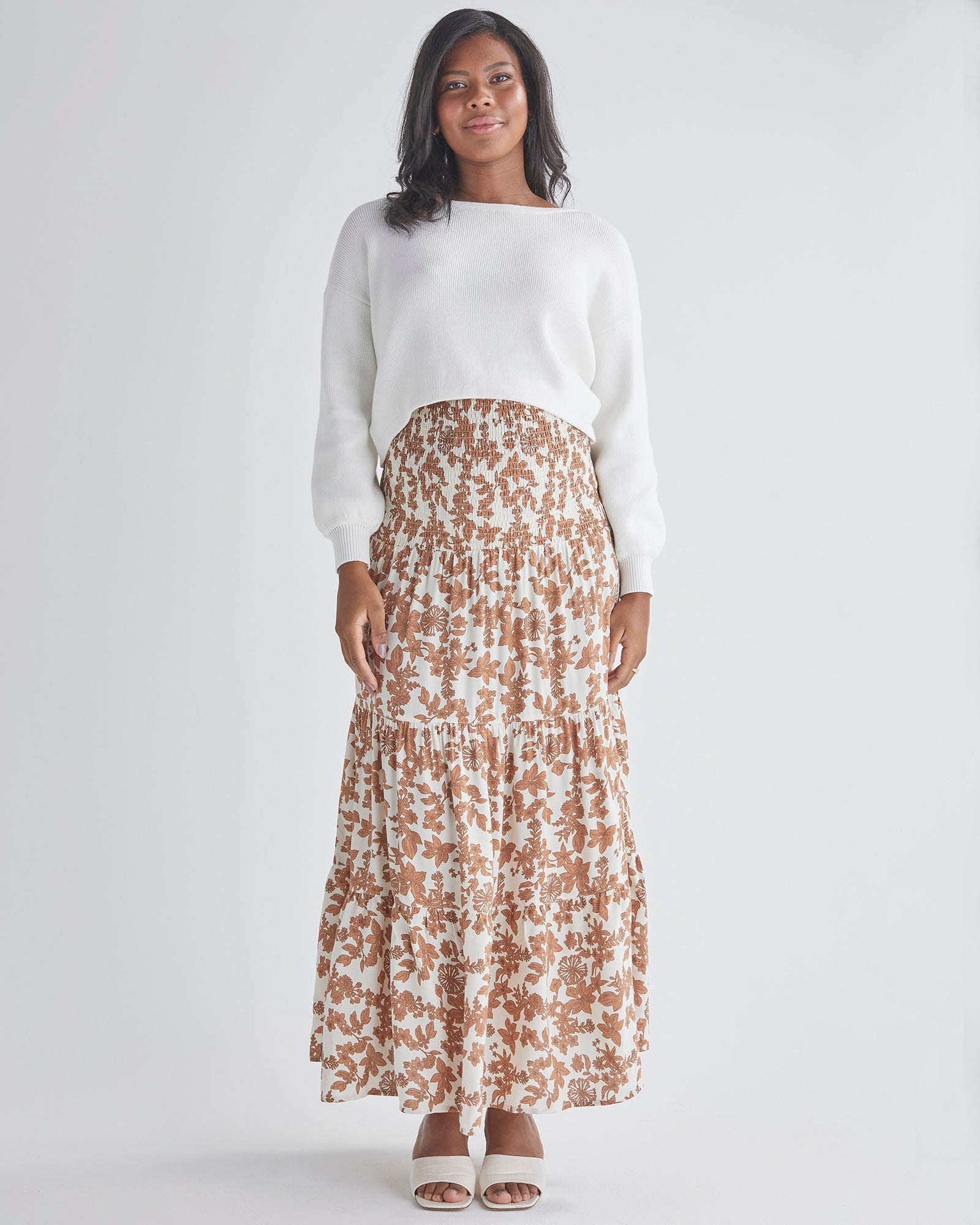 Long skirt Strapless dress Shirred elastic waist band. Colour: Brown Floral Print from Angel Maternity