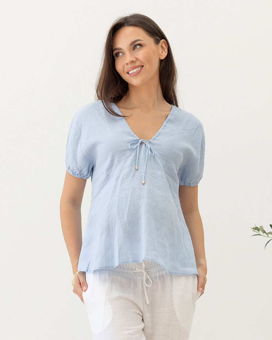 Brigitte Maternity Linen Blouse - Baby Blue