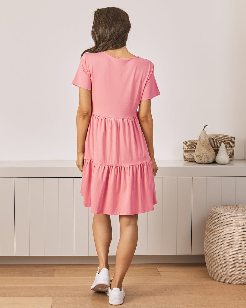 Back view- maternity & nursing tiered pink dress