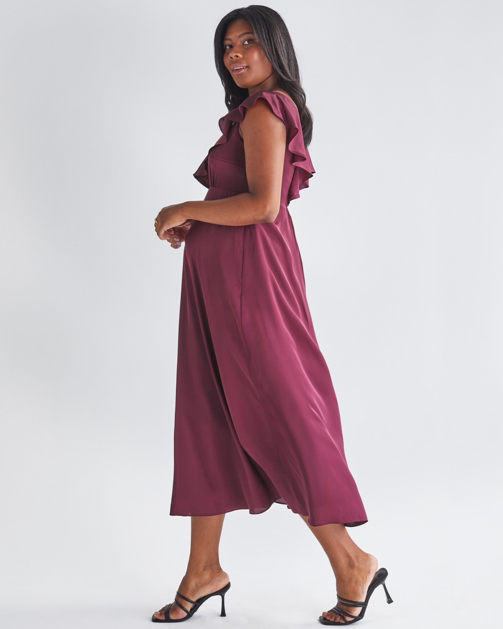 Angel Maternity Mika Maternity Ruffle Silk Dress in Wine Angel Maternity Mika Maternity Ruffle Silk Dress in Wine
