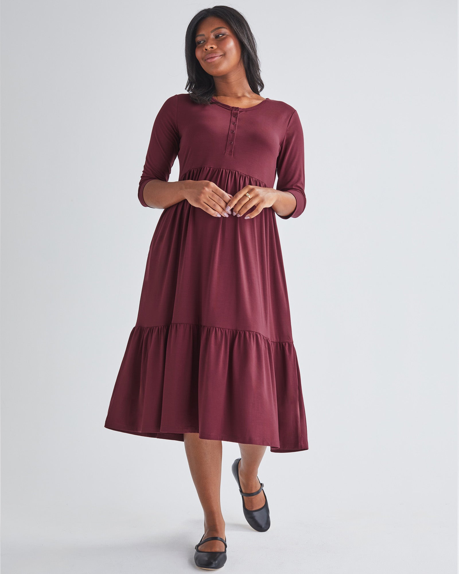 Brown Tiered Nursing Friendly Maternity Midi Dress – Angel Maternity USA