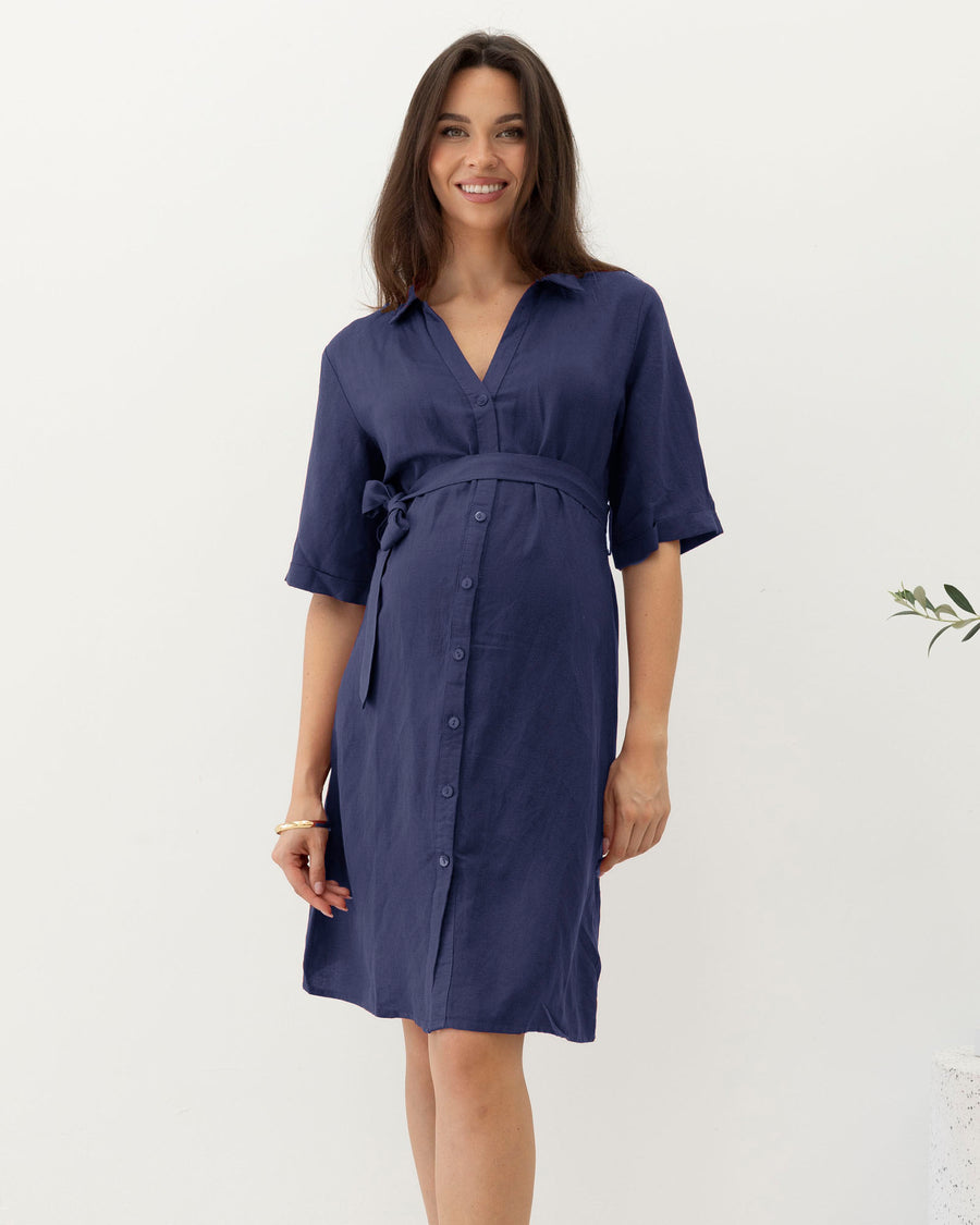 Nora Maternity Tie Waist Linen Dress in Navy