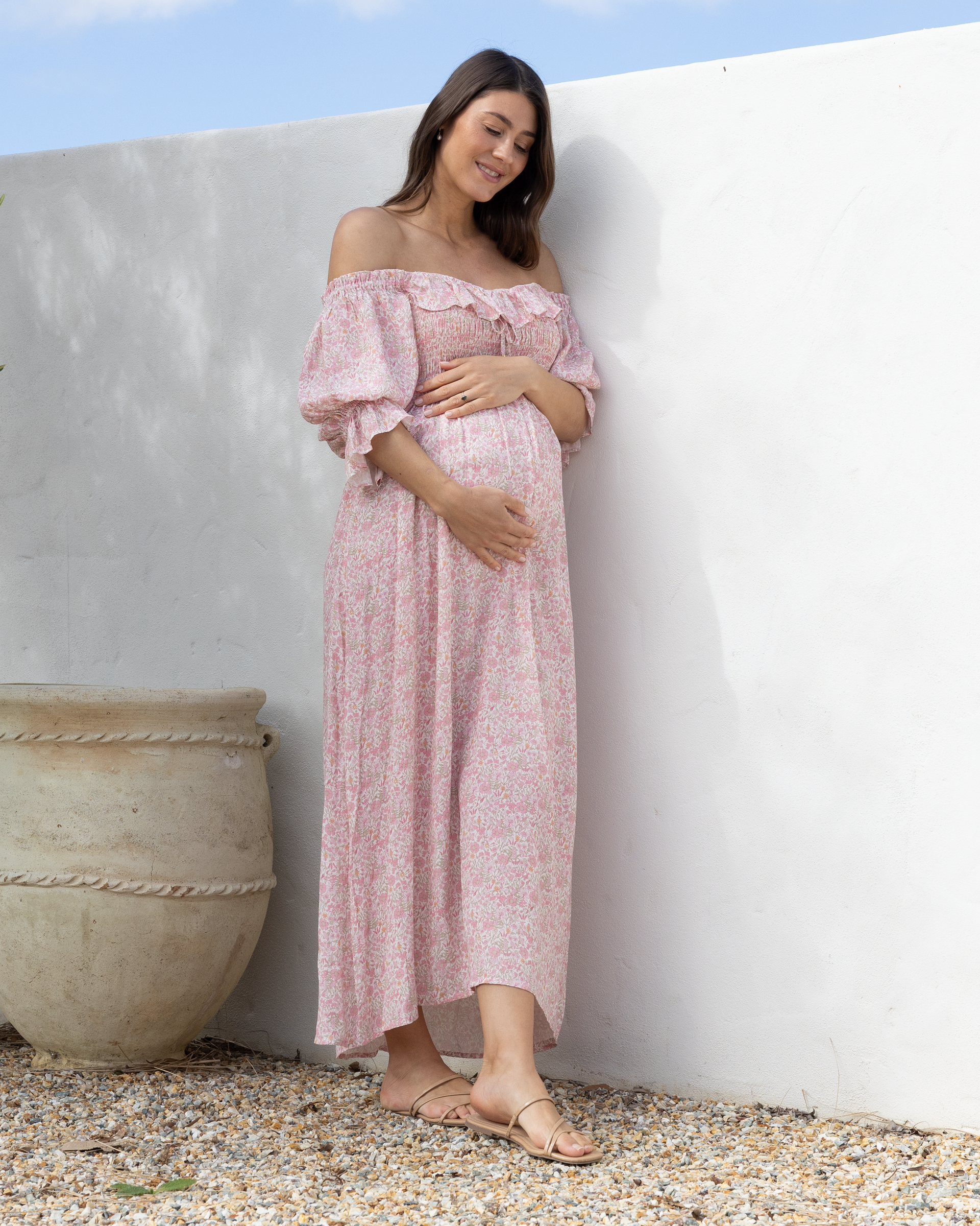 Amber Maternity Baby Shower Dress in Pink Floral M