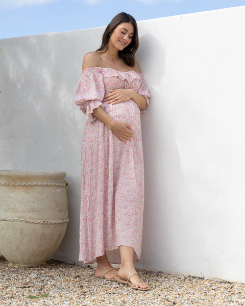 Amber Maternity Baby Shower Dress in Pink Floral M