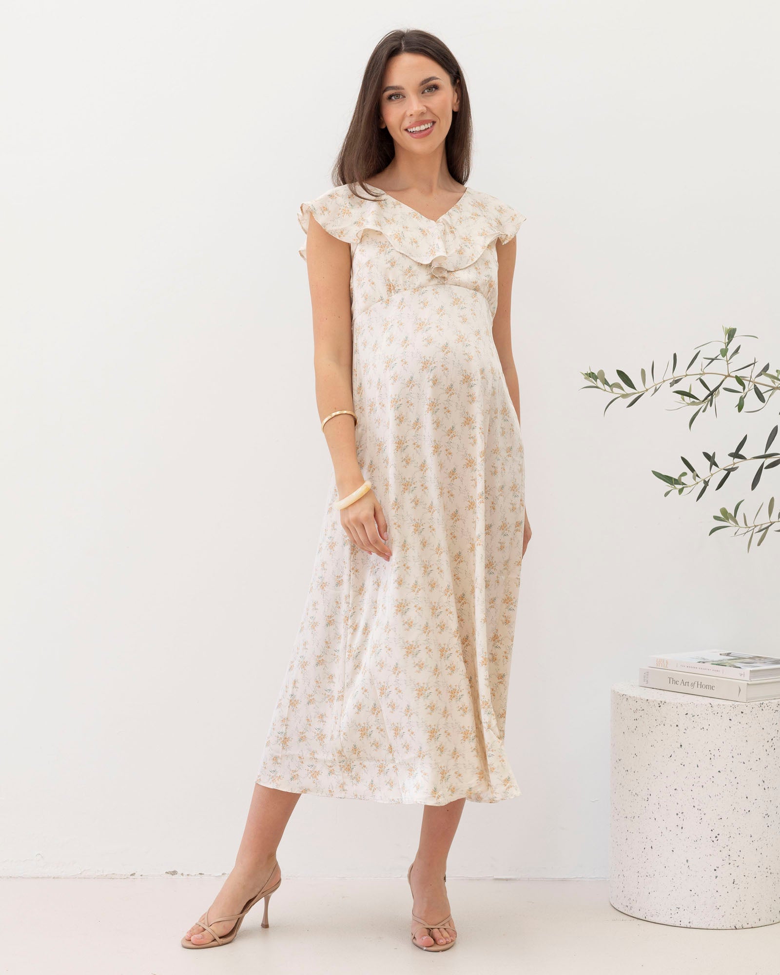Angel Maternity Mika Maternity Ruffle Dress in Cream Floral Silky Angel Maternity Mika Maternity Ruffle Dress in Cream Floral Silky