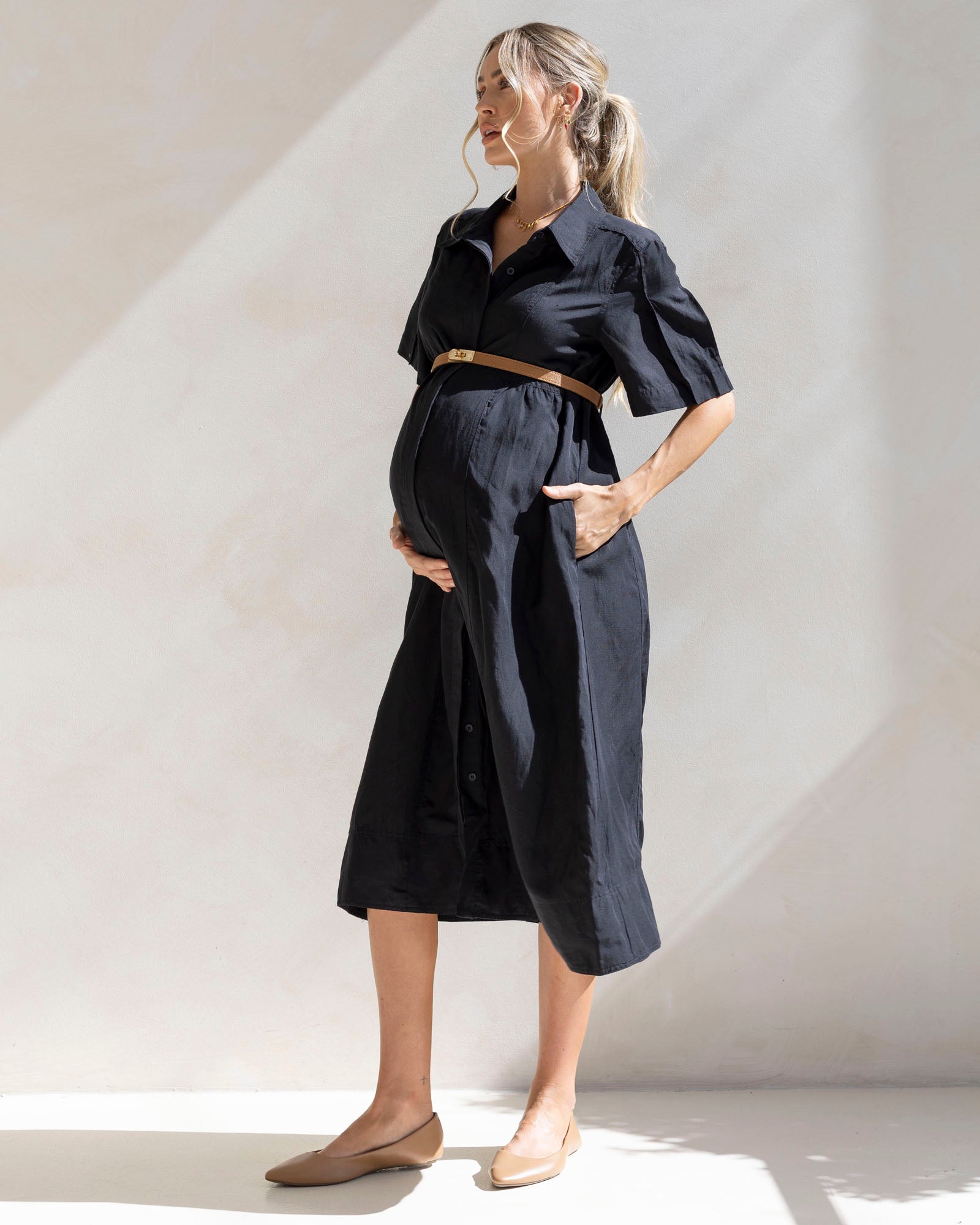 Angel Maternity Sophia Maternity Belt Work Dress in Black Sophia Maternity Belt Work Dress in Black – Angel Maternity USA