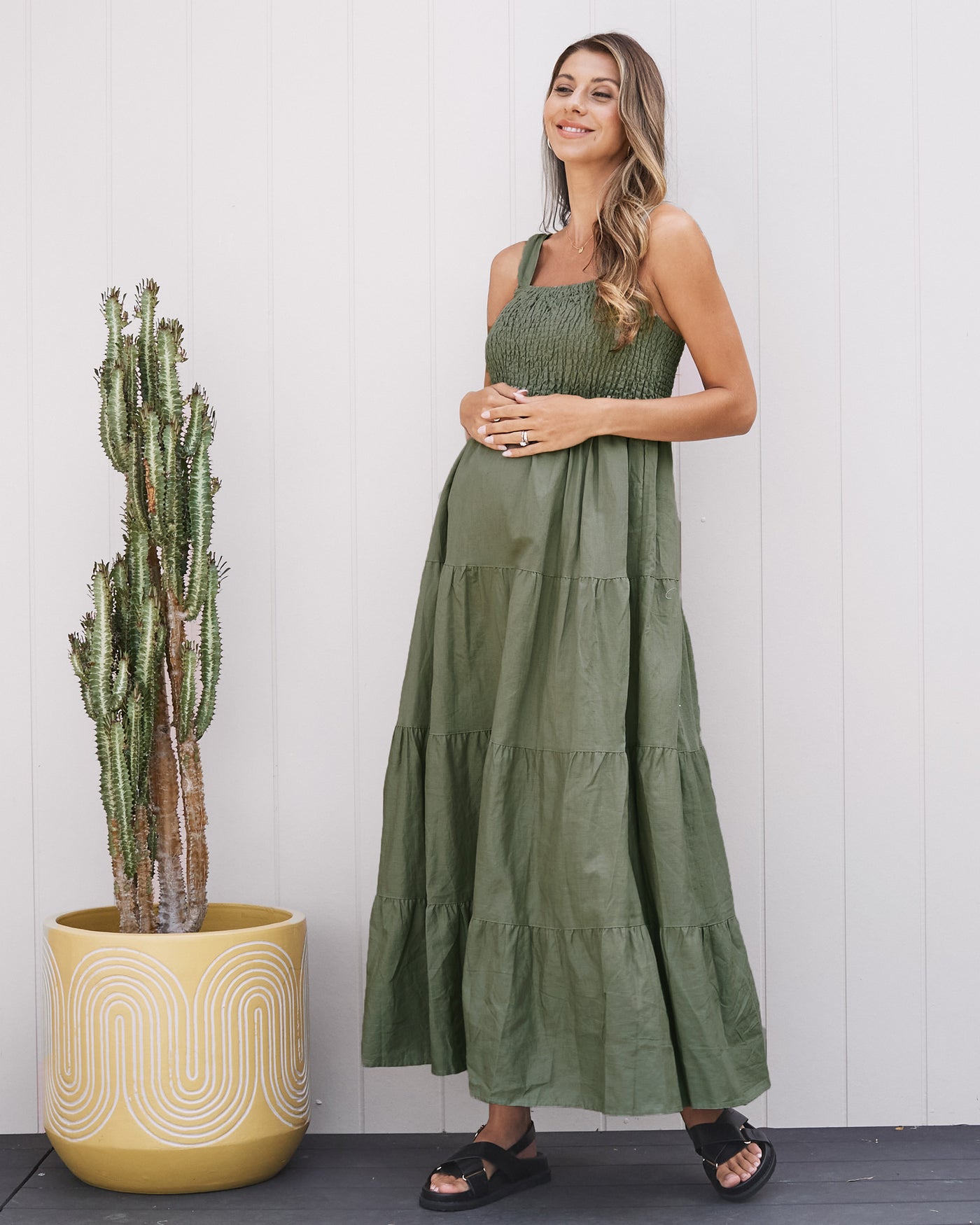 Preorder allow 6-8 week olive cotton linen ruffle me right up dress maternity friendly main image 1
