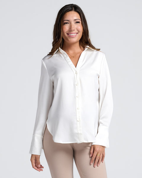 Amelia Elegant Satin-Finish White Maternity Work Shirt