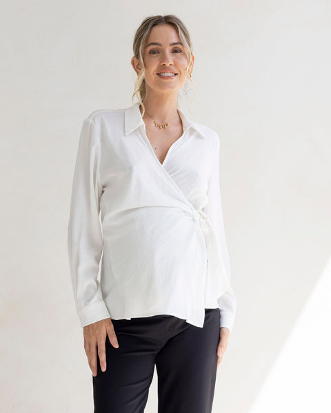 maternity dress shirts Angel Maternity Lea Wrap Maternity White Work Shirt
