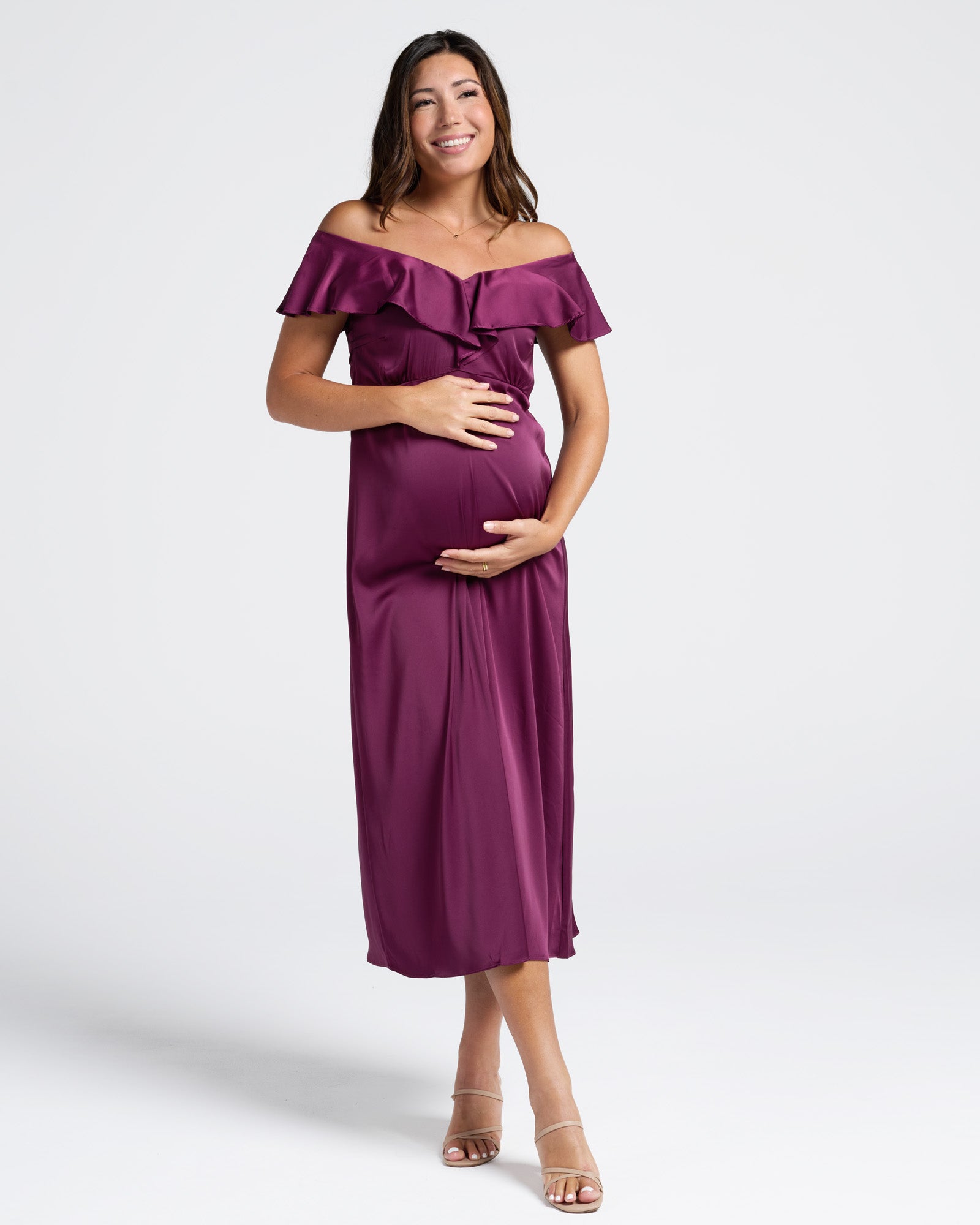 Angel Maternity Mika Maternity Ruffle Silk Dress in Wine Angel Maternity Mika Maternity Ruffle Silk Dress in Wine