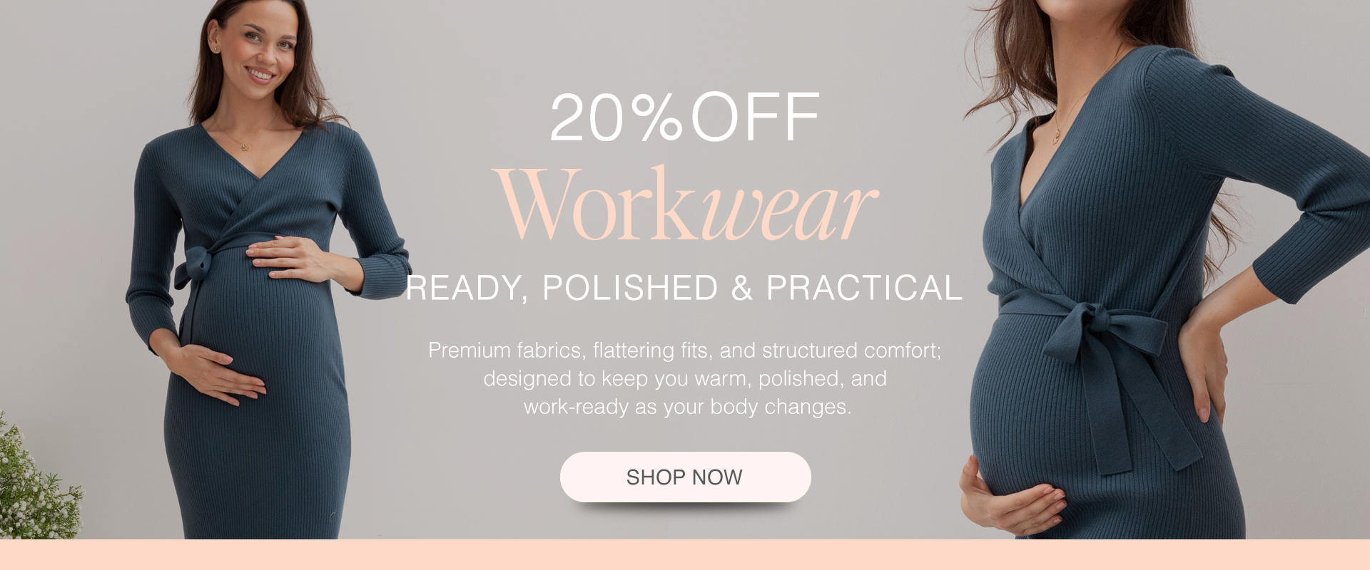 Promotional banner for Angel Maternity workwear with a woman in a blue dress, text overlay, and 'Shop Now' button.