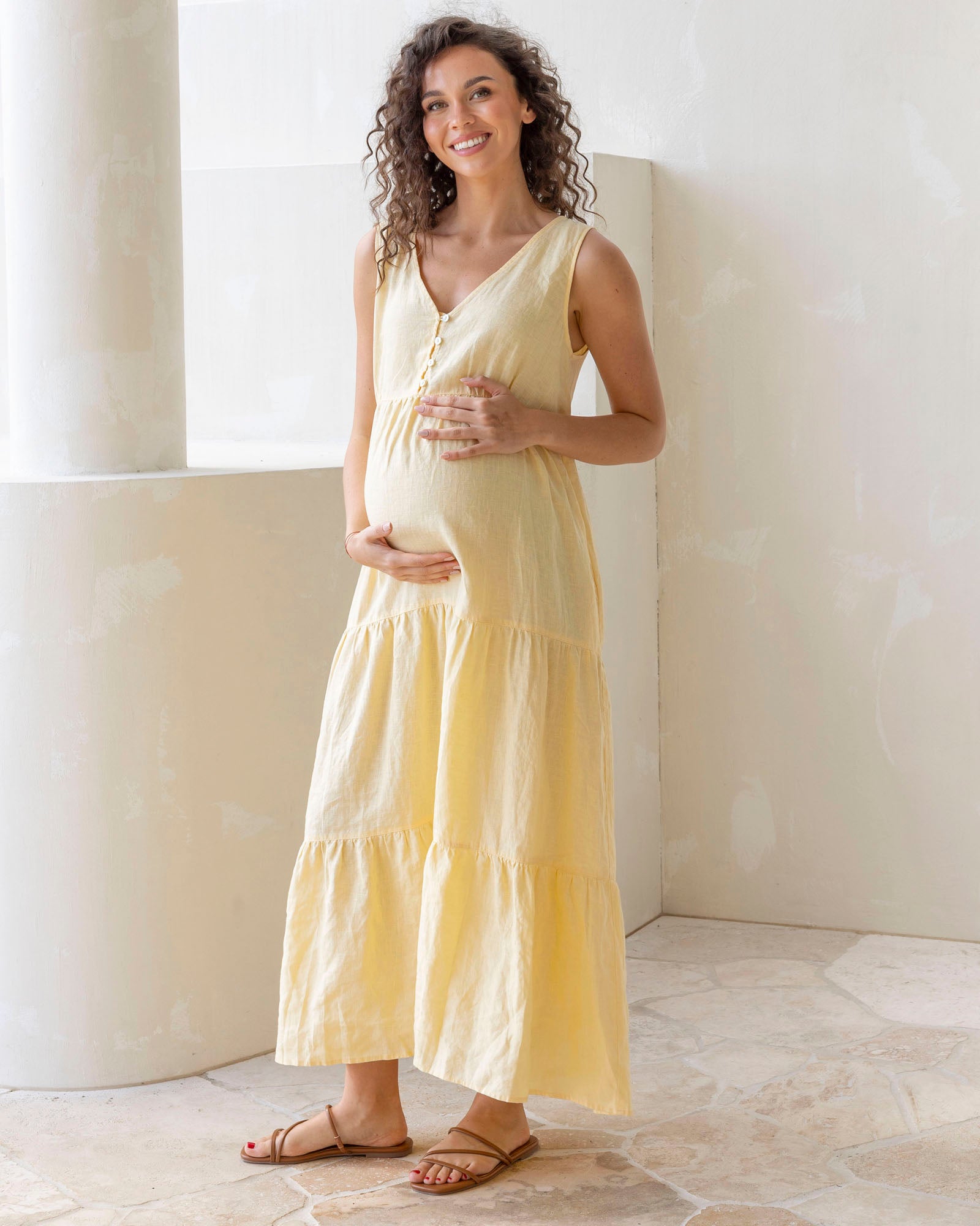 pastel yellow maternity dress Kiara Linen Maxi in Lemon Long Sleeve Milkmaid Pattern Introducing Outline SS24 RUNWAY color:Spice