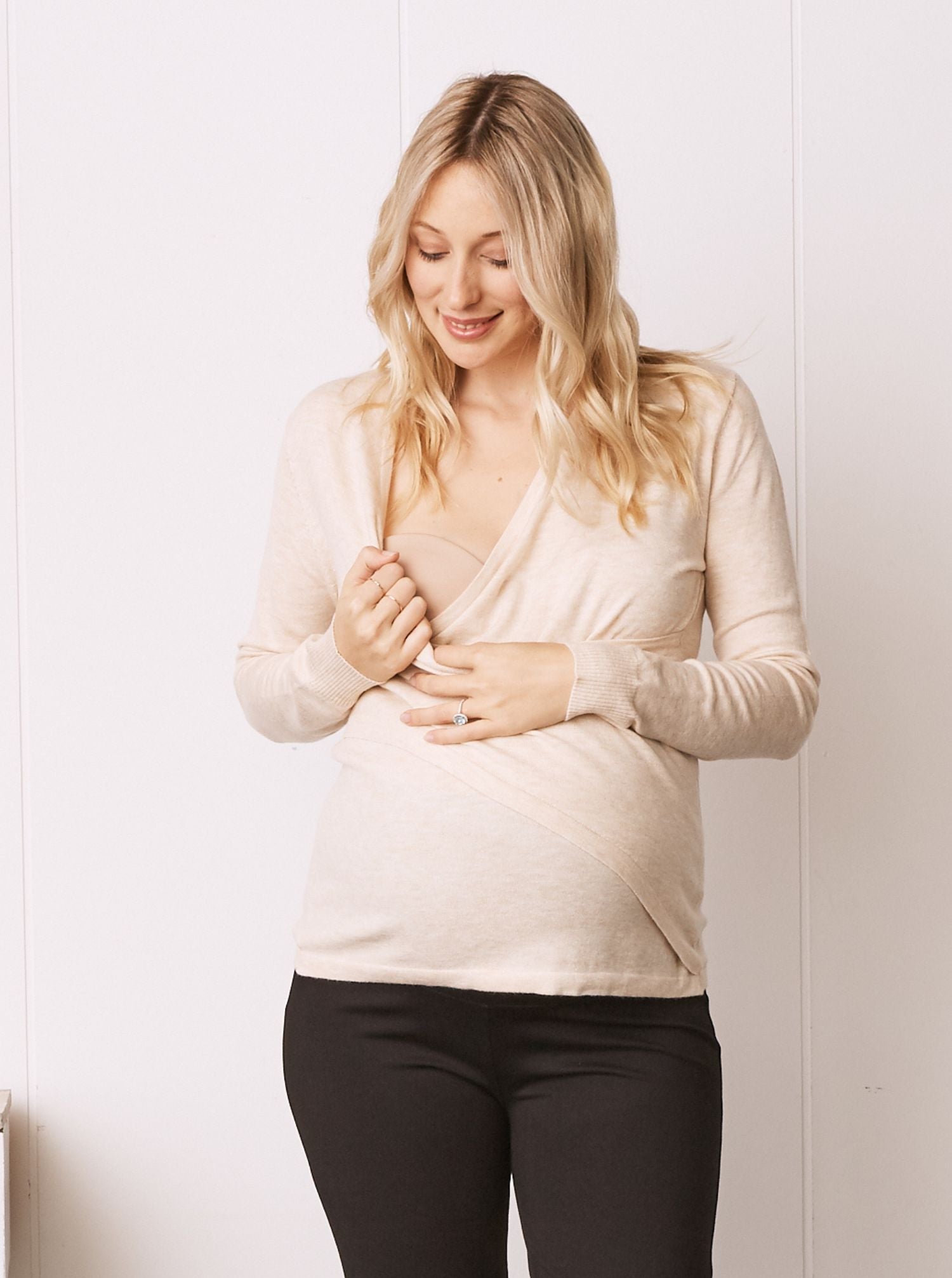 Maternity Crossover Nursing Long Sleeve Top in Beige (6618523762782)