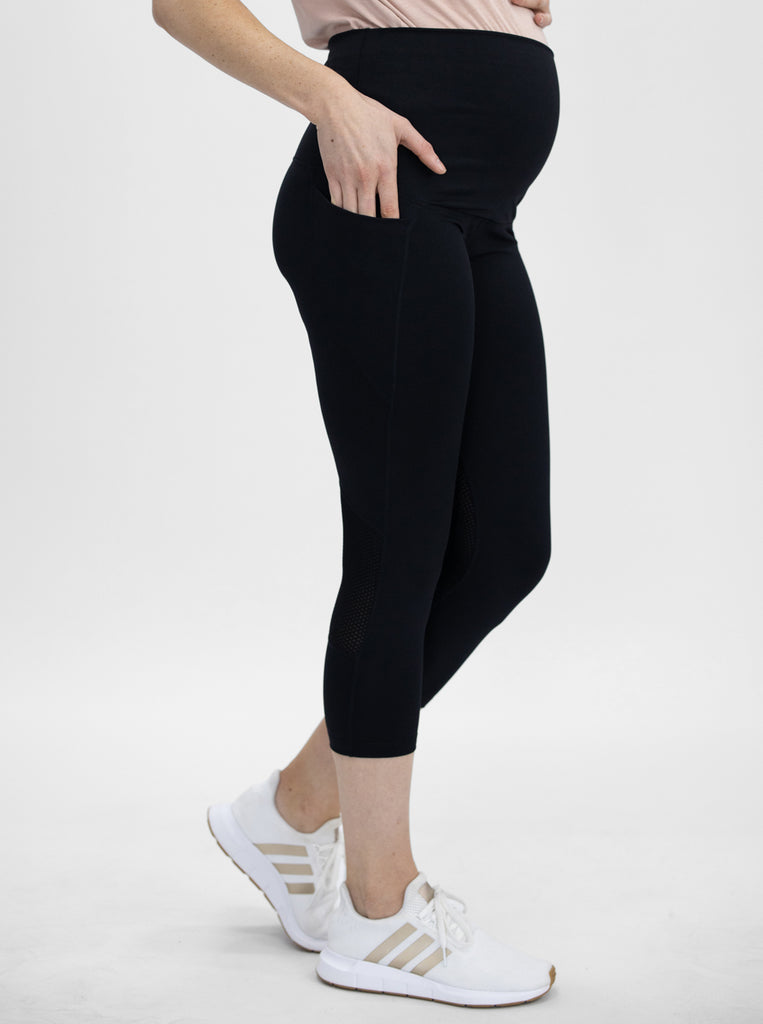 side view - Maternity Workout Tight 3/4 Length Legging - Black (4761006735454)