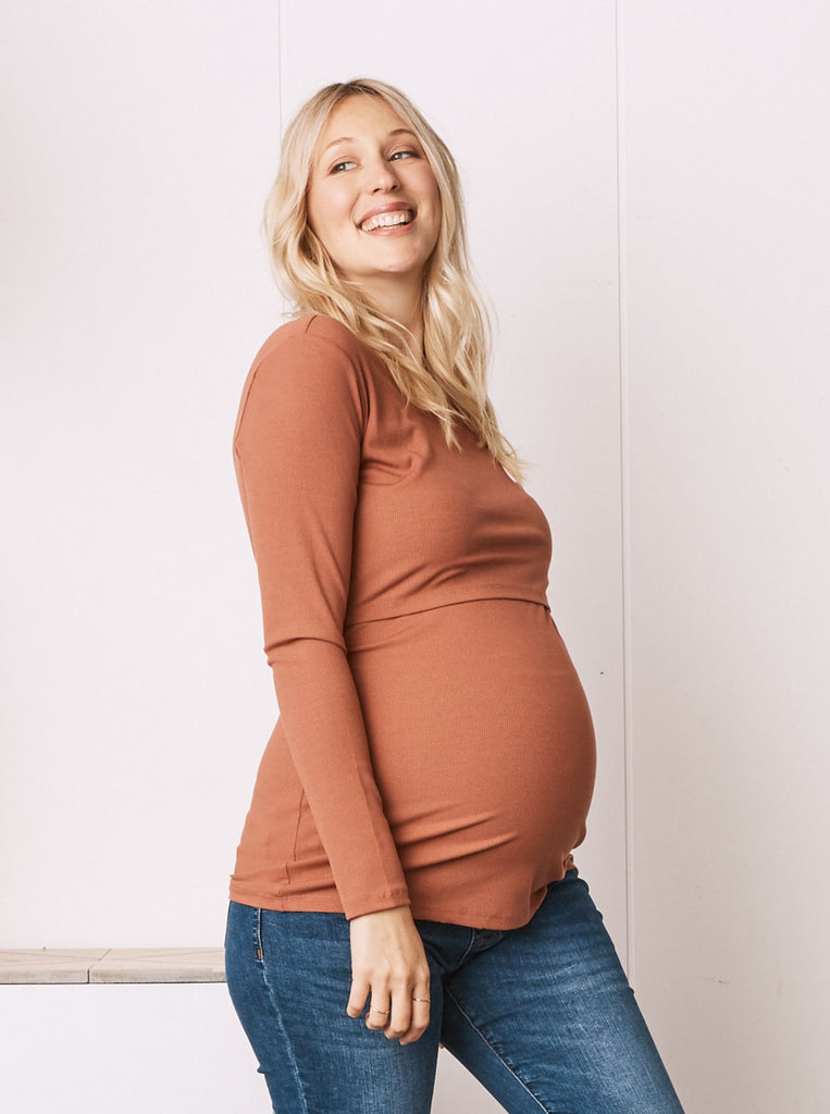 Maternity & Nursing Long Sleeve Top in Brown Pink (6618561151070)
