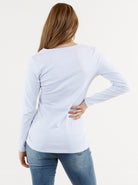 Back view -  A young pregnant woman in Basic White Long Sleeve Cotton Maternity Top (6669517160542)