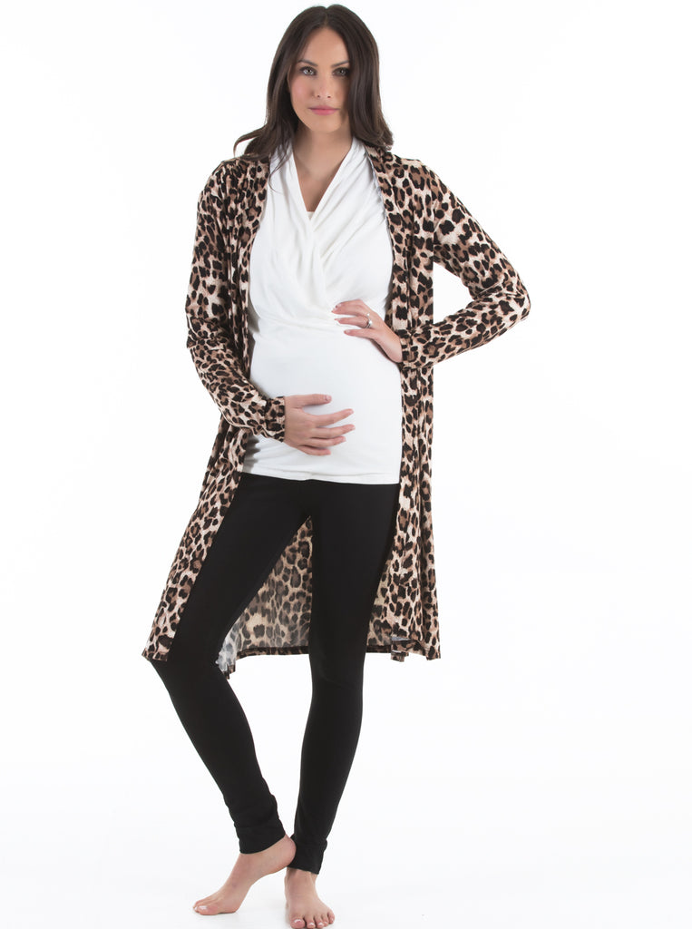 Maternity Long Lounge Cardigan in Animal Print - Angel Maternity USA (3956388626526)