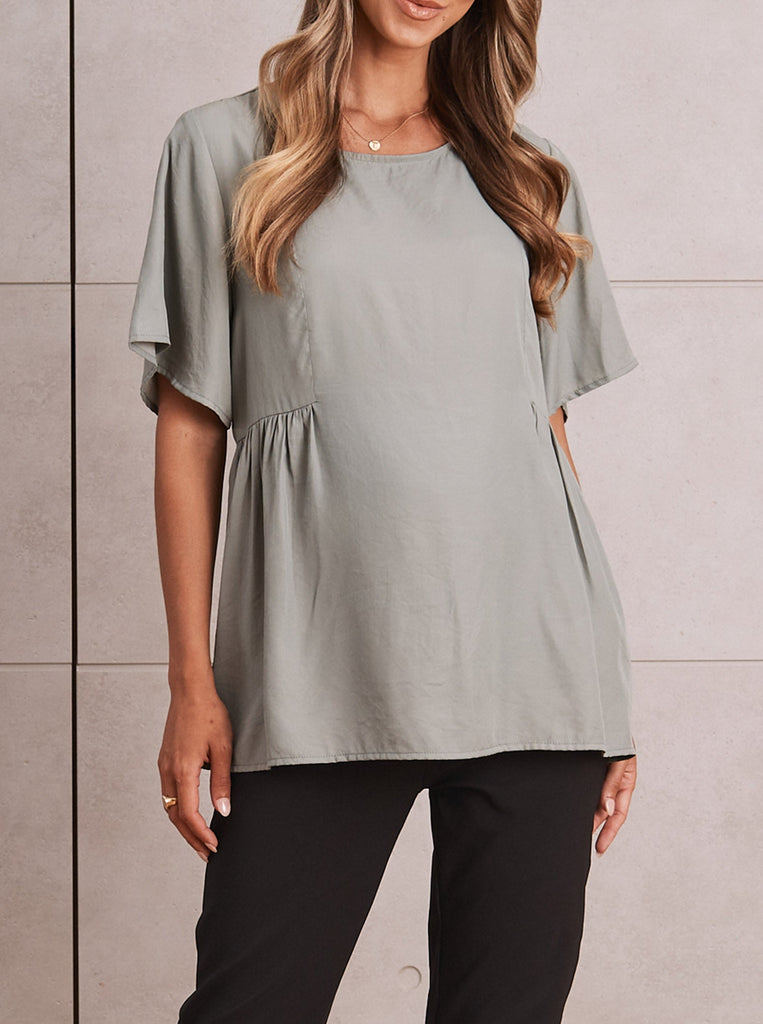 Maternity Relax Fit Short Sleeve Work Blouse - Sage - Angel Maternity USA