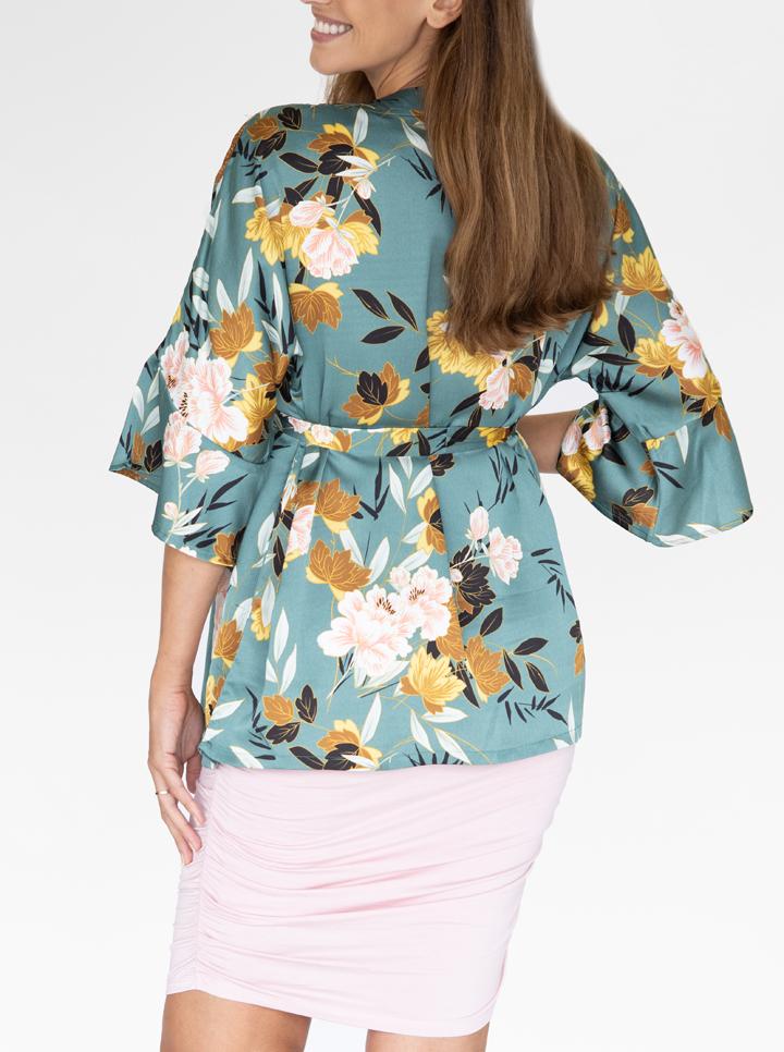 Back view - Maternity Blooming Sateen Nursing Wrap Top in Green Floral (6553227001950)