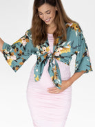 Front view - Maternity Blooming Sateen Nursing Wrap Top in Green Floral (6553227001950)