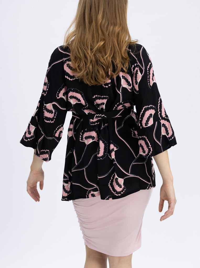 Back view - Loose Fitted Kimono Style Maternity Top with Waist Tie - Black & Pink (4801469481054)