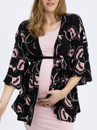 Front view - Loose Fitted Kimono Style Maternity Top with Waist Tie - Black & Pink (4801469481054)