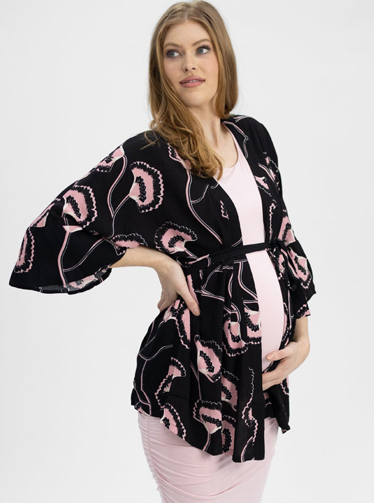 Main view - Loose Fitted Kimono Style Maternity Top with Waist Tie - Black & Pink (4801469481054)