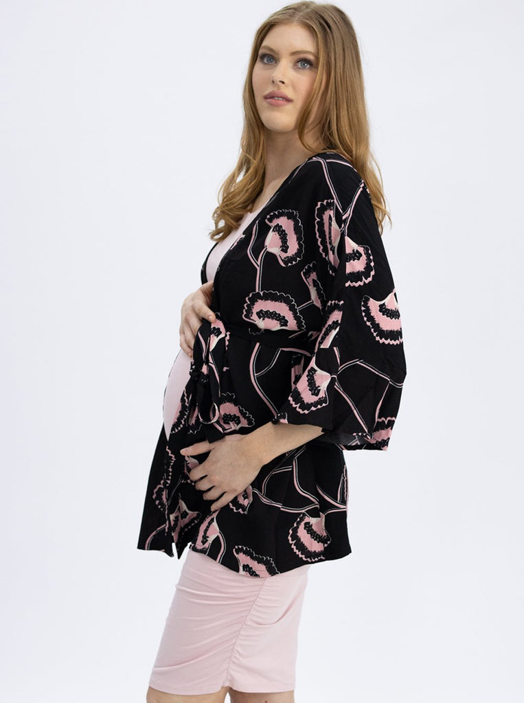 Side view - Loose Fitted Kimono Style Maternity Top with Waist Tie - Black & Pink (4801469481054)