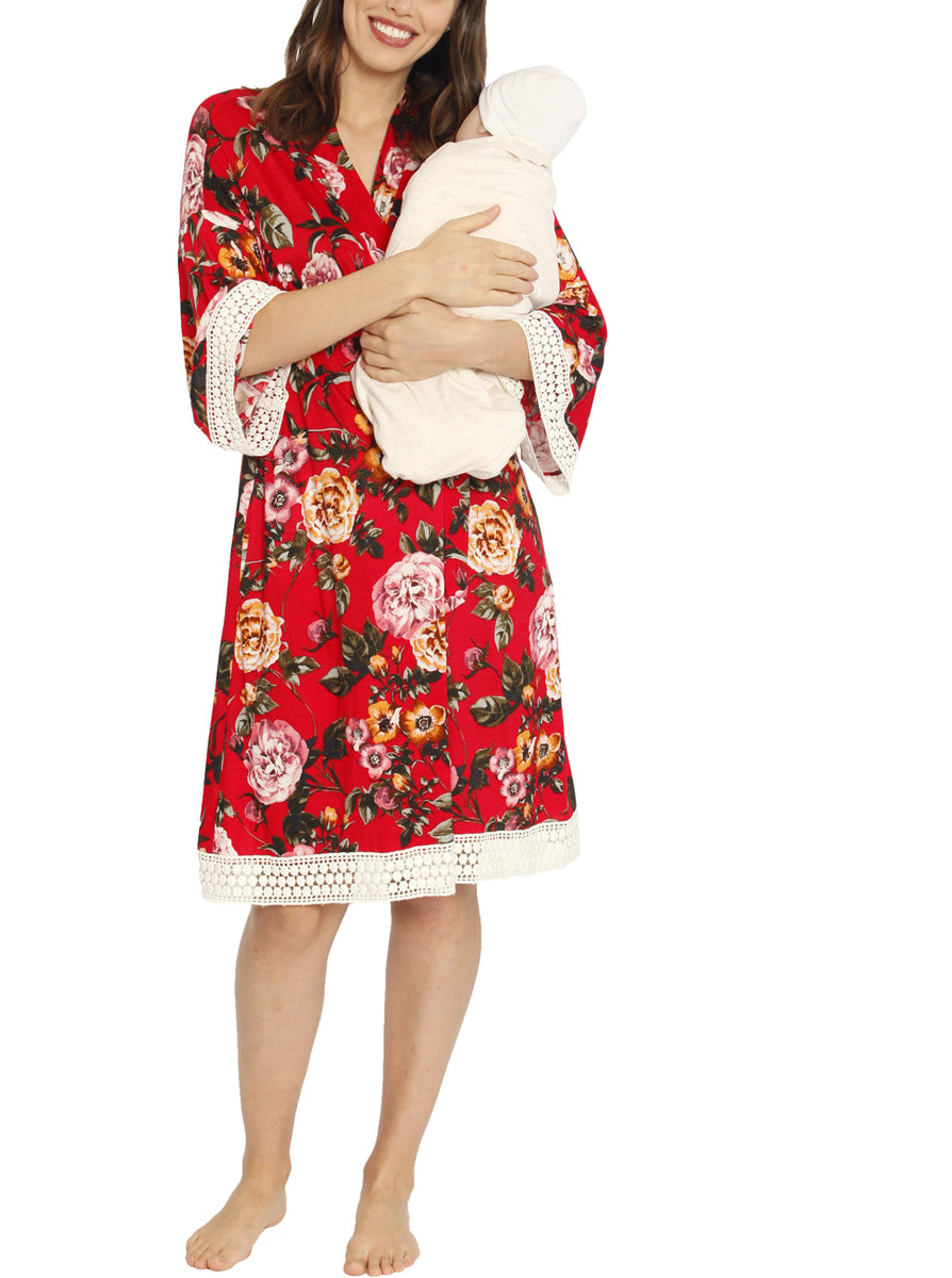 Nursing Dress + Robe + Free Baby Wrap - Red Floral Hospital Pack ...