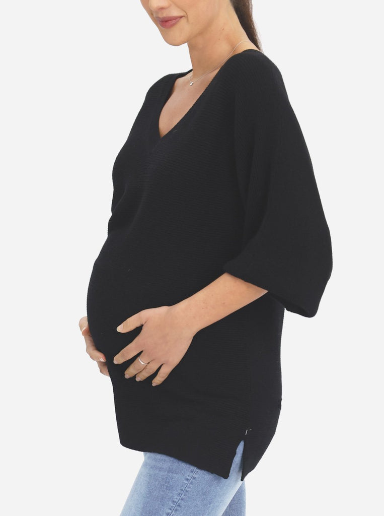 Side view 2 - Maternity V-Neck Raglan Sleeve Jumper in Black (6618547060830)